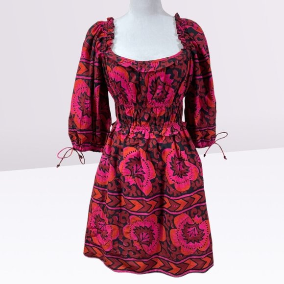 House of Harlow 1960 x Revolve Shania Fuschia Print Dress M Puff Sleeve Pockets - Picture 1 of 9